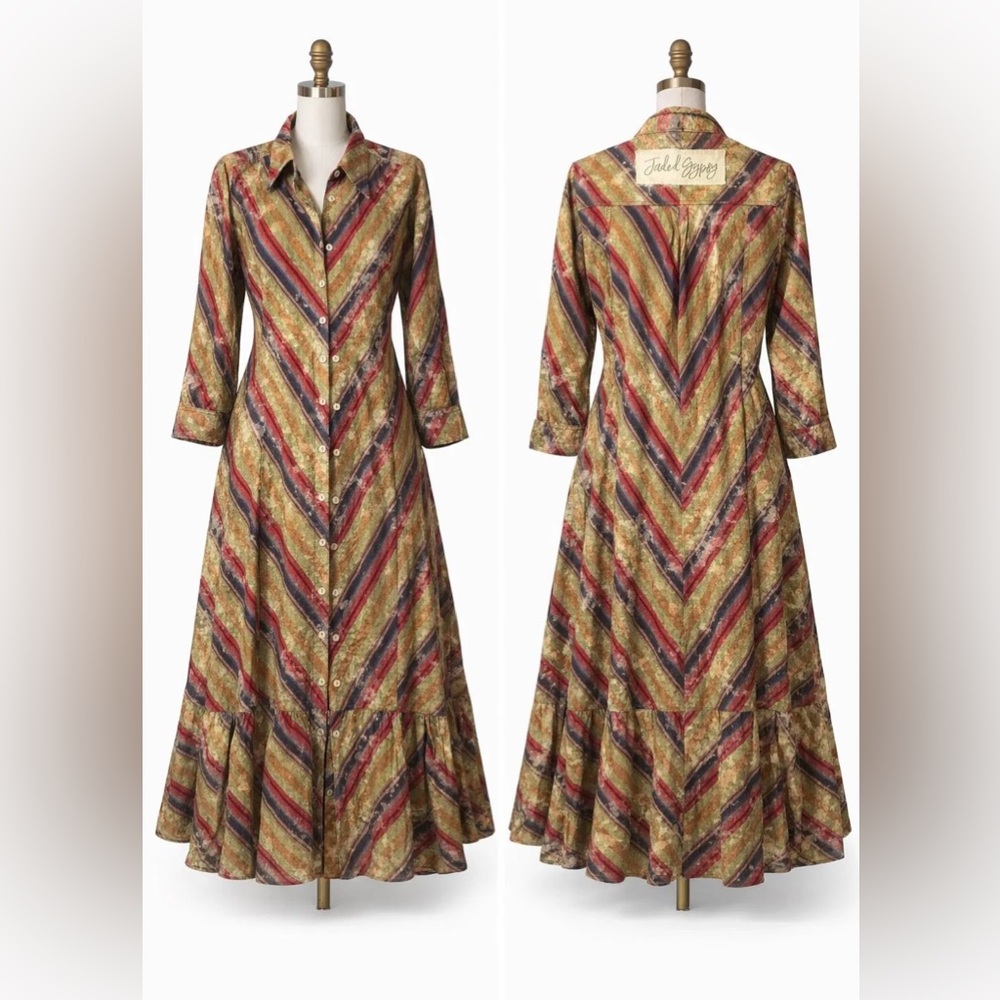 Jaded gypsy fade away duster Boho Chevron Maxi Shirt Dress in Gold and Red